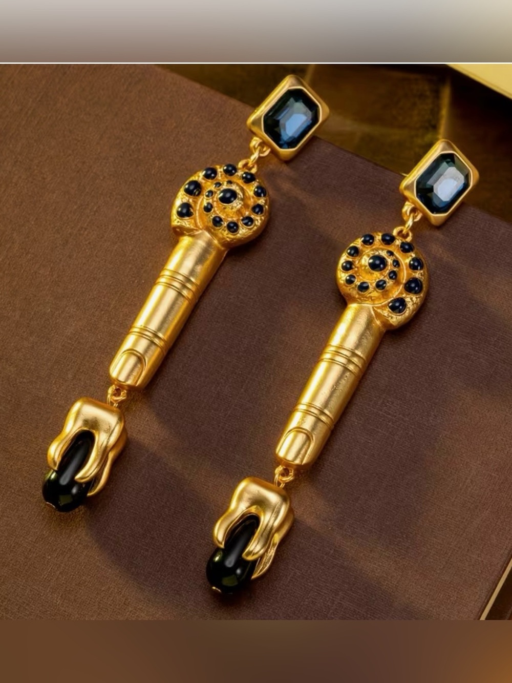 Schiaparelli Inspired Gold-tone Drop Earrings with navy blue Stones